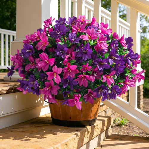 INSPRING Artificial Fake Flowers for Outdoors Fall Decoration, 3 Bundles Realistic Outdoor Faux Azalea Plants UV Resistant Silk Flowers for Outside Planter Patio Porch Garden Yard Home Decor