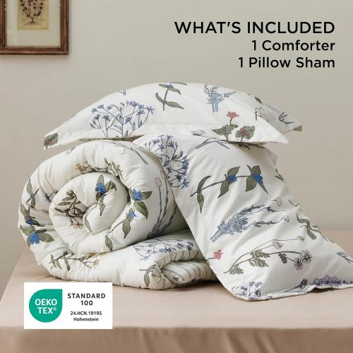 Bedsure Floral Comforter Twin Size, White Breathable Cute Bedding 2 Pcs