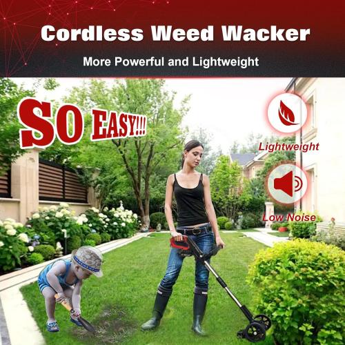 Electric Weed Wacker Eater Cordless, Weed Wacker Battery Powered, Weed Trimmer with 2 21V/2Ah Battery Operated & 25 Blades & Wheels, No-String Grass Trimmer/Brush Cutter/Edger for Garden Yard