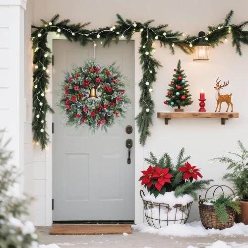 30inch Christmas Wreath, Artificial Winter Wreaths for Front Door with Bell Pinecone Berries for Outdoor Indoor Wall Tree Table Farmhouse Holiday Wedding Birthday Party Decorations