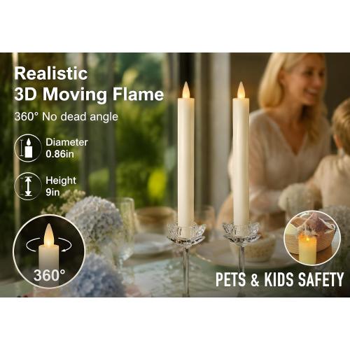 Flameless Taper Candles Flickering with Remote and Timer, 3D Moving Flame Taper Candle Battery Operated to 400 Hours, 9 Inch Window Candles, (White)