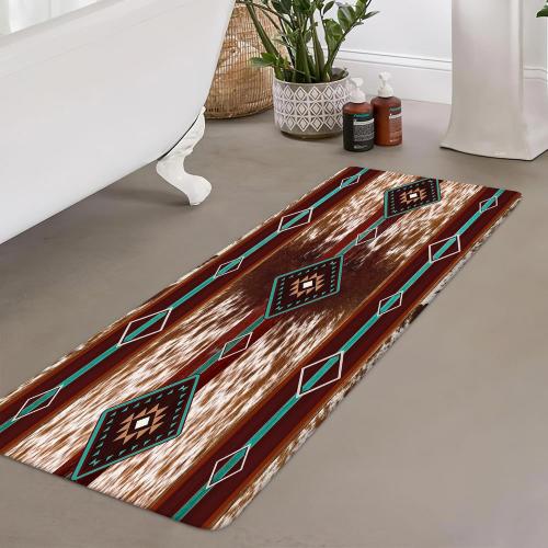 JAWO Western Aztec Bath Mat, Southwest Geometric Pattern Faux Cowhide Red Brown Bathroom Rug, Cow Print Non Slip Bathtub Mat Modern Art Bathroom Accessories Shower Mat Kitchen Rug (17X48)