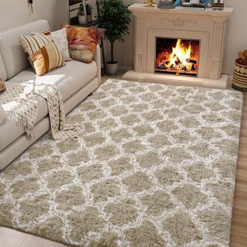 LOCHAS Luxury Shag Area Rug 8 x10 Feet Geometric Plush Fluffy Rugs, Extra Soft Carpet Moroccan Rugs for Bedroom Living Room Dorm Kids, High Pile Shaggy Floor Rug Decor, Beige/White