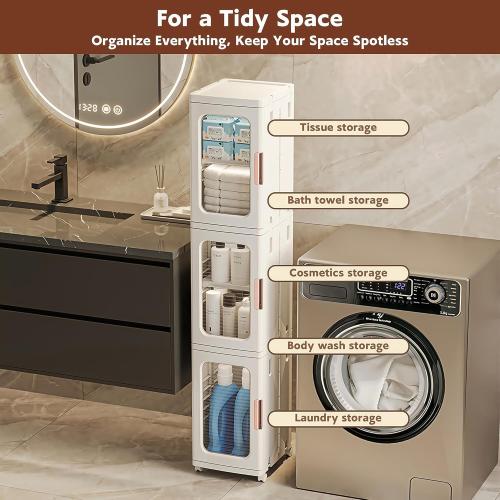 Tall Narrow Storage Cabinet with Movable Wheels, Adjustable Shelves & Magnetic Doors – Foldable Slim Plastic Organizer for Bathroom, Kitchen, Laundry, Ideal for Small Spaces(4-Tier,White)