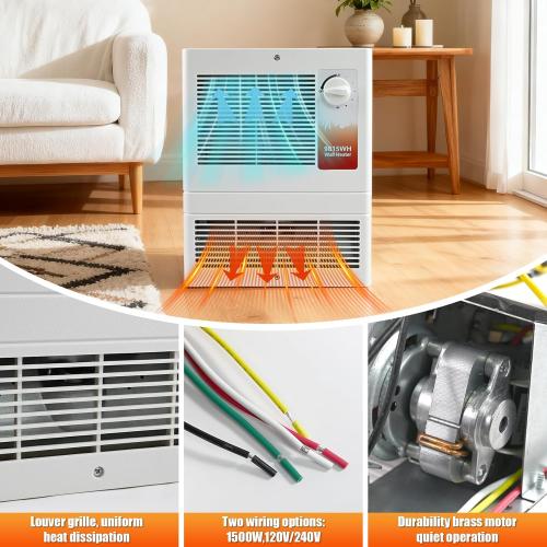 9815WH High-Capacity Wall-Mounted Electric Heater with Built-In Adjustable Thermostat and Silent Motor Delivers 1500W,120/240V Voltage Suitable for Kitchen,Bedroom,Living Room, Corridor, White