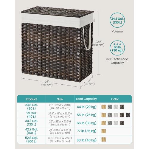 SONGMICS Laundry Hamper with Lid, 130L Clothes Hamper with 2 Removable Liner Bags and 6 Mesh Bags, Wicker Laundry Basket, Double Laundry Hamper for Bathroom, 13 x 26 x 23.6 Inches, Brown ULCB253K01