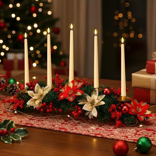 Sliner Christmas Tabletop Centerpiece 30 Inch Poinsettia Candle Holder with 5 Bullet Head LED Flameless Long Candle Artificial Christmas Table Decorations for Home Party, Not Include Battery