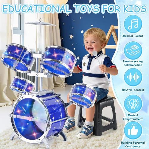 Upgraded Kids Drum Set for Toddlers w/ Light (All Plastic), Musical Gifts Toys for Boys Girls, Kids Jazz Drum Kit for Beginner Music Practice, Christmas Birthday Gift
