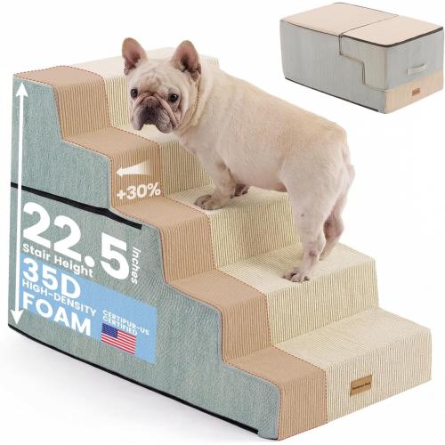 Gardner Pet Dog Stairs for Small Dogs 4- Step Extra Wide Dog Stairs for High Bed, Pet Steps for Small Dogs and Cats Couch with Durable Non-Slip Waterproof Fabric Cover and Soft Foam, Beige
