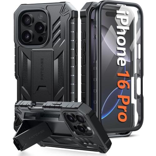 FNTCASE for iPhone 16 Pro Case: Military Grade Drop Proof Protection Mobile Cover with Kickstand | Matte Textured Rugged Shockproof TPU | Protective Sturdy Phone Case - 6.3 inch Black