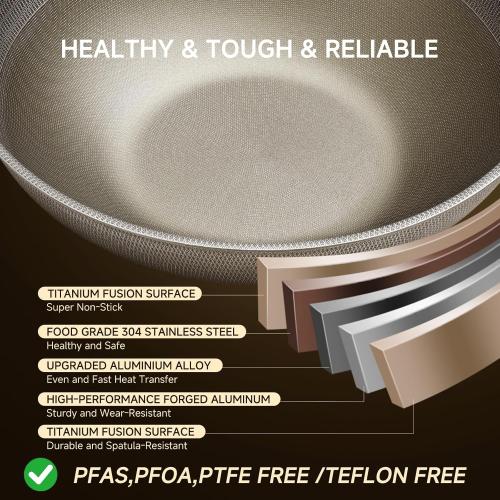 13 Inch Titanium Wok Pan with Lid - Non Stick Frying Pan, Extended Cool-Touch Handle, PFAS/PFOA/PTFE Free Flat Bottom Wok, Dishwasher Safe, Works on All Stovetops Including Induction