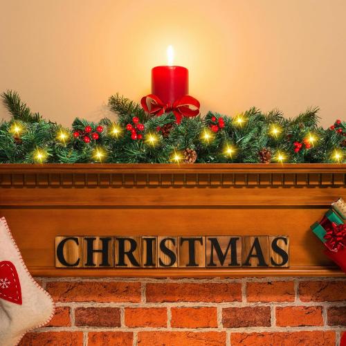 26ft Christmas Light Garland with 100 LED Battery Operated Pine Cones Red Berries Long Thick Outdoor Christmas Lighted Garland Artificial Xmas Decorations for Door Stairs Railing Fireplace