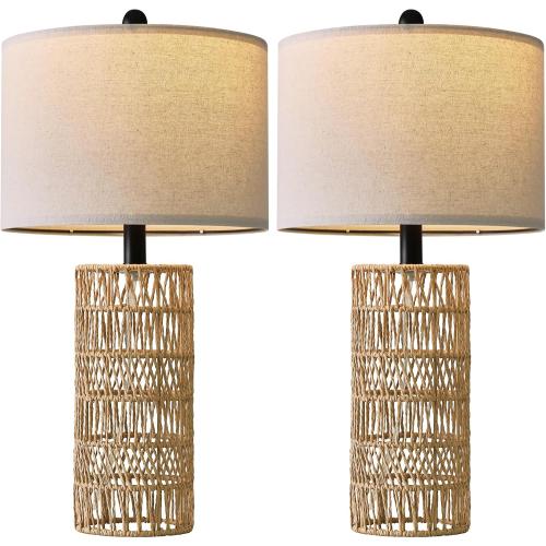 OYEARS 22.5 Boho Table Lamps Set of 2 for Living Room, Bedside Lamp for Nightstands, Rattan Lamp for Bedroom, Farmhouse Table Lamp for Room Decor, End Table, Retro, Brown（Not Include Bulbs）