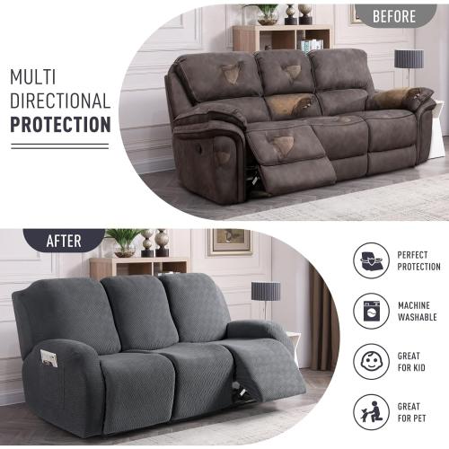 KinCam Recliner Sofa Covers, Stretch Reclining Couch Covers, Recliner Sofa Slipcovers Stripe Jacquard Recliner Couch Cover Furniture Protector Covers for Pet Kid (3 Seater, Dark Gray)
