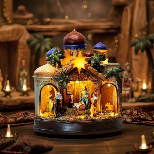 MXwcy Large Christmas Village Collectibles Statues Lighted Nativity Scene Architectural Decorations, Hand-Painted Bethlehem Creche with Holy Family & Magi, Religious Holiday Collectible Statue