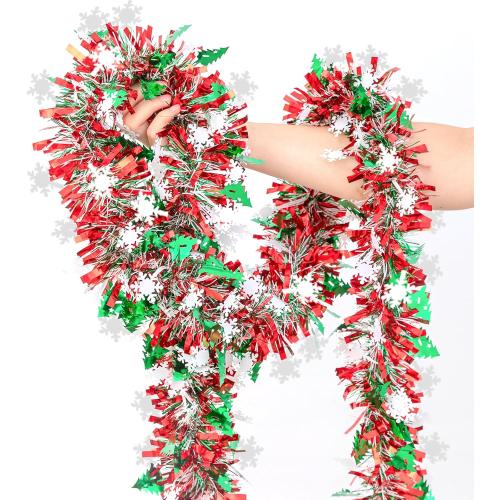 33 FT Christmas Tinsel Garland, Red Green White Metallic Twist Foil Tinsel Garland with Snowflake and Xmas Tree Hanging Decoration for Christmas Tree Wedding Birthday Home Party Decoration