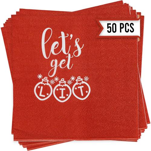 Christmas Napkins – 52 Pack Christmas Party Decorations with “Let's Get Lit” Design – Friendmas Napkins for Holiday Table, Friends Gatherings, and Festive Celebrations