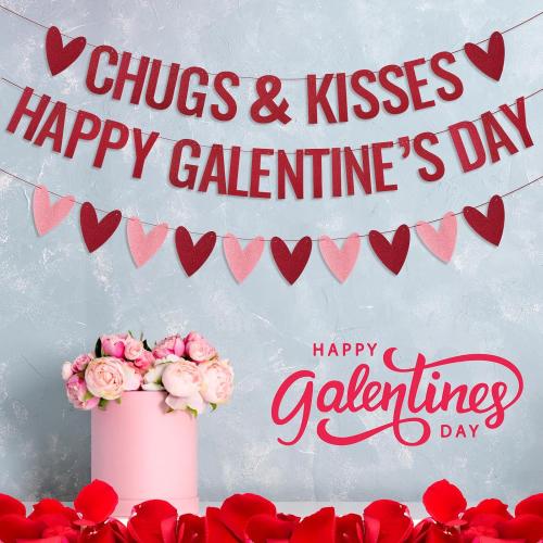 Epakh Happy Galentines Day Banner Chugs and Kisses Banner with Red Pink Glittery Heart Garland Romantic Galentines Day Party Decorations Hug Kiss Love Anniversary Valentines Party Supplies