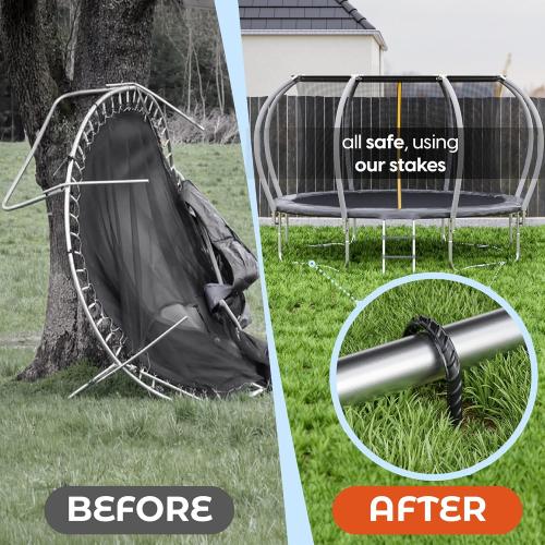 Pack of 8 Black Happin® Ultra Strong Trampoline Stakes Anchors High Wind, Ground Anchors Heavy Duty, Trampoline Tie Down Anchor Kit, Ground Stakes Galvanized Steel, Trampoline Accessories, U Shaped (8 Pack, Black)