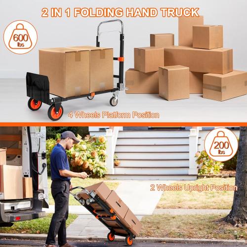3 in 1 Folding Hand Truck Dolly, 660lb Capacity Convertible Hand Truck Dolly Cart Heavy Duty Foldable Trolley with Rubber Wheels & Retractable Handle, Collapsible Platform Truck for Moving Heavy Items