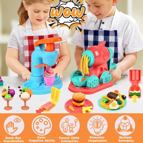 3 in 1 Color Dough Kitchen Creations Set, Ice Cream Spaghetti Burger Maker Machine, Art Crafts Food Modeling Toys, Accessories Tools Kit for Boys Girls Kids Toddlers Ages 3  (12 Colors Dough)