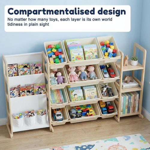 Large Toy Storage Organizer with 12 Bins, 4-Tier Bookshelf & 3 Side Shelves, 59 Wide Kids Room Organization, Easy Assembly for Playroom, Bedroom, Nursery Room, White