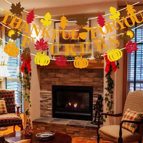 Pre-Strung Friendsgiving Banner - Thankful For You F Banner with Gold Glitter for Friendsgiving Party Decorations No DIY