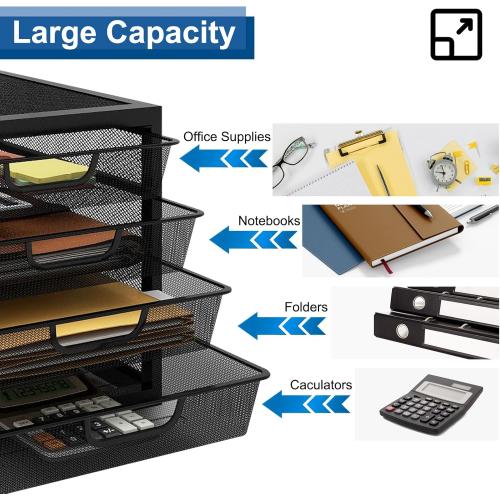 Natwind Mesh Desk Organizer with 4 Tier Sliding Drawers, Office Supplies Desktop Organizers and Accessories Stationery Storage, Paper Sorter, File Binder Organizer for Home Office School,Black