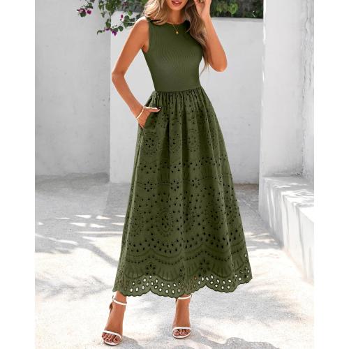 Size L...dowerme Women Summer Dresses 2026 Casual Sleeveless Crewneck A-Line Boho Lace Eyelet Cotton Tank Maxi Dress with Pockets