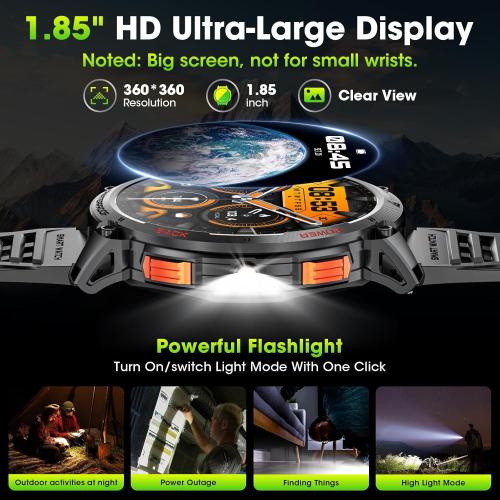 Military Smart Watches for Men, 1.85 HD Large Screen Smart Watch, Flashlight/730mAh/110  Sports Modes Fitness Tracker Watch, Waterproof Mens Smart Watch for Android Phones iPhone Compatible