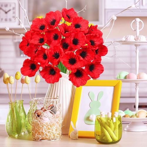 24 pcs Artificial Red Flower Stems PU Real Touch Flower Fake Flowers in Red with Black Center 11.6 Tall for Wedding Bouquets Corsages Centerpiece Floral Arrangements
