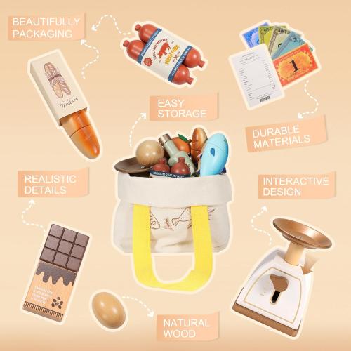 Pithfor Wooden Play Food Set for Kids Toddlers, Grocery Store Pretend Play Food, Pretend Grocery Shopping & Play Kitchen Accessories for Boys Girls