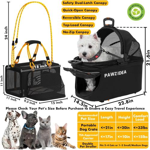 PAWZIDEA Double Pet Stroller with 2 Detachable Carriers, Portable Dog Crate for Car Travel & TSA-Approved Expandable Cat Carrier, Foldable Lightweight Jogger Stroller for 2–4 Cats or Small/Medium Dogs