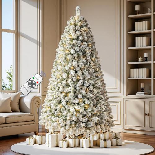 7.5 FT Pre-lit Snow Flocked Christmas Tree Spruce with Remote Control, 350 Warm White Multi-Color Changing LED Lights, Artificial Hinged/Feel Real/Realistic for Home, Dual Color LED