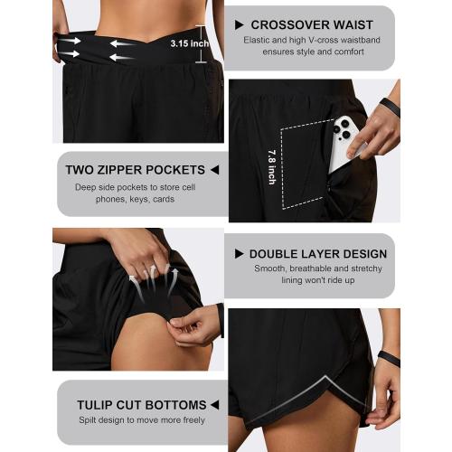 Blooming Jelly Women's Workout Shorts Athletic Running Shorts Crossover High Waisted Gym Shorts with Zipper Pockets