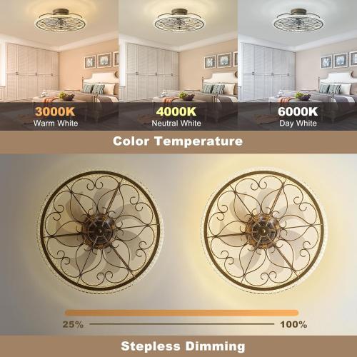 Low Profile Ceiling Fan with Lights 20 Ceiling Fan with Remote Bladeless Ceiling Fan Boho Vintage Flush Mount Ceiling Fan with Light 3 Color Smart LED Dimmable,Handmade Antique Vintage Silver