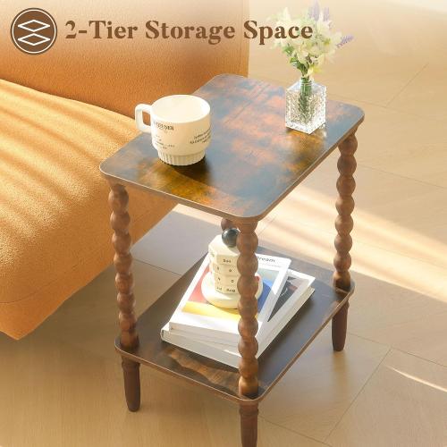 Fultyle Side Table, Small End Table with Storage Shelf, 2-Tier Small Coffee Tables Living Room for Bedroom, Narrow Spaces (Rustic Brown)