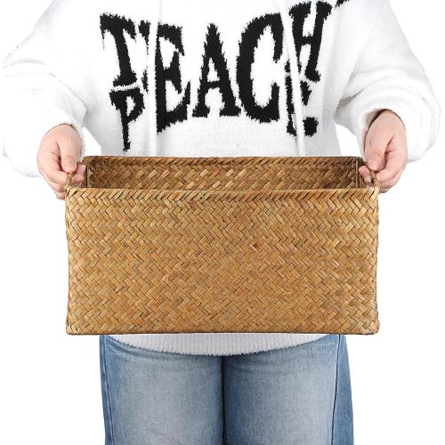 Hipiwe Seagrass Storage Baskets Bin for Shelf,  Handwoven Wicker Baskets Built-in Handles Rectangular Closet Bedroom Organizer Box Multipurpose Pantry Basket,Caramel Color