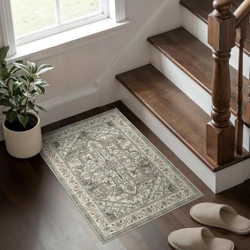 dog mat Machine Washable Non Slip Backing Mat Soft Foldable,Vintage Rugs Mats, Inside Floor Mat Doormat, Brown Lvory 2 pk