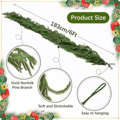 MARTINE MALL Christmas Garland, 6FT Real Touch Norfolk Pine Garland, Cedar Garland Christmas Garlands for Mantle Christmas Pine Garlands for Front Door Fireplace Table