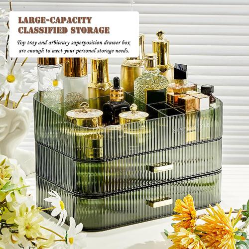 Makeup Organizer with Drawers, Stackable Cosmetics Organizer, Large Make Up Organizer Storage Box, Ideal for Bathroom Countertop and Desk (1 x Drawer, Green)