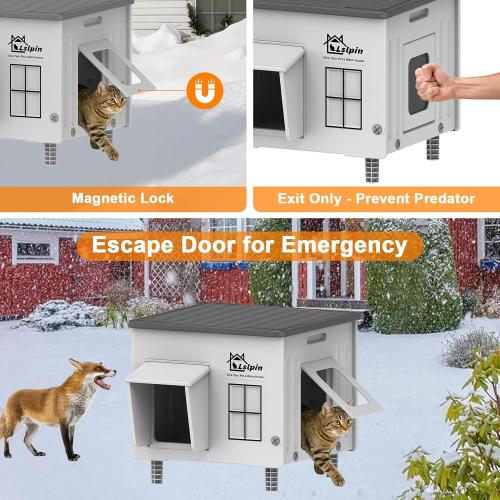 Large Heated Cat House for Outside Cats in Winter, Lslpin Weatherproof & Insulated Outdoor Feral Cat House with Escape Door,Outside Cats House Shelter with Heating Pad 21.6×16.9×17.5