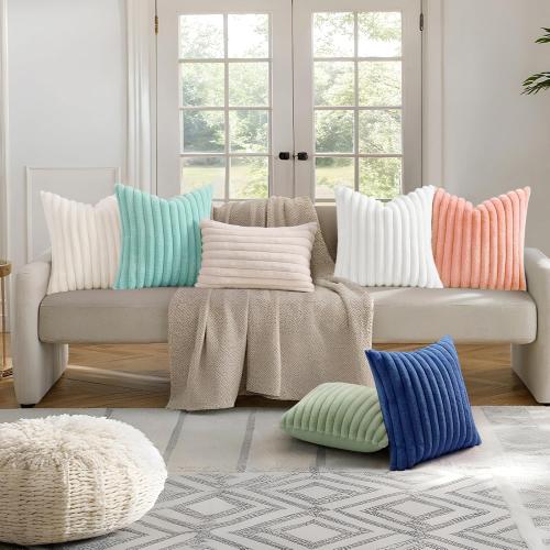 decorUhome Cozy Faux Fur Spring Throw Pillow Covers 18x18 Set of 2 Decorative Soft Plush Striped Modern Farmhouse Boho Couch Pillow Cases with Velvet Back for Sofa Bed Living Room, Blue