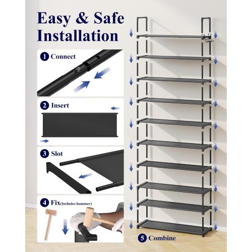 Kitsure 10 Tier Shoe Rack, Tall Shoe Organizer, 32.2 Wide, Black | Large-Capacity Shoe Storage with Hooks, Shoe Shelf for Closet, Entryway, Bedroom, Living Room, Zapateras Organizer