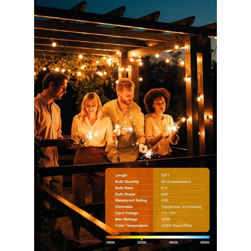 Outdoor String Lights, 50FT 52 LED Bulbs Connectable Patio Lights (2 Spare) | G40 Outside Vintage Hanging Light for Backyard Bistro Balcony Porch Christmas Party Wedding, E12, 2200K, Black