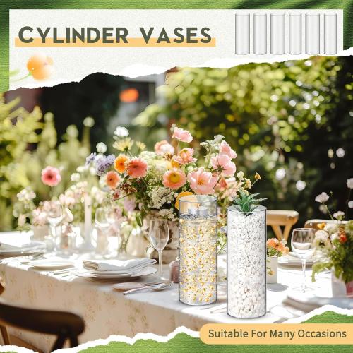 Nuogo 6 Pcs 10 Inch Plastic Clear Cylinder Vase for Home Acrylic Flower Clear Vase Centerpiece for Centerpieces Wedding Party Decorations Opening Round