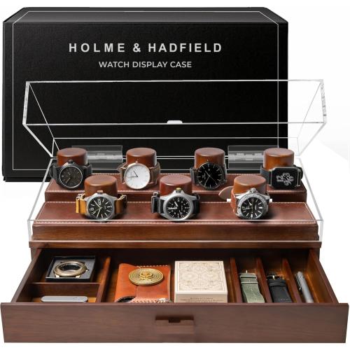 Holme & Hadfield Premium 7-Slot Wooden Watch Display Case – Large Handcrafted Men’s Watch Box with Accessory Drawer, Hinged Cover, Leather Lining – Christmas Gift for Men – Luxury Built to Last
