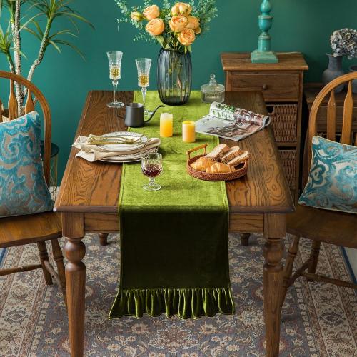 Velvet Table Runner Soft Decorative Luxurious Solid 72 Inches Long Tablecloth with Retro Ruffle Flounces Table Runner Dresser Scarves for Kitchen Dining Room Coffee Table Olive Green,14x72 Inch