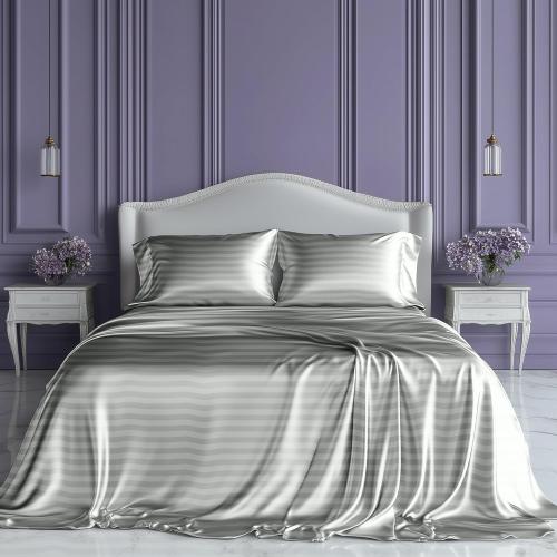 SLEEP SANCTUARY Satin Sheets King Size – 4 Piece Luxury Silky Bed Set, Softer Than Silk, 15 Deep Pocket, Cooling & Wrinkle-Free, Moisture-Wicking & Breathable for Hair & Skin (Striped Grey)