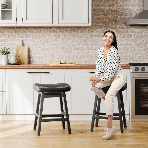 Raynesys 24 Inche Bonded Leather Counter Height Bar Stools Set of 2 Curved | Barstools with Curved Bonded Leather Seats & Heavy Duty Metal Legs for Kitchen Counter, Easy Assembly, All Black